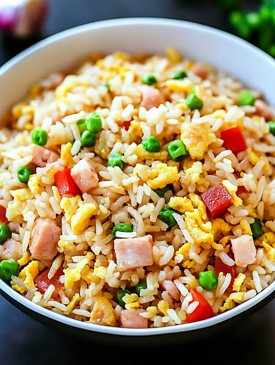 Un bol de riz avec petits pois et jambon.