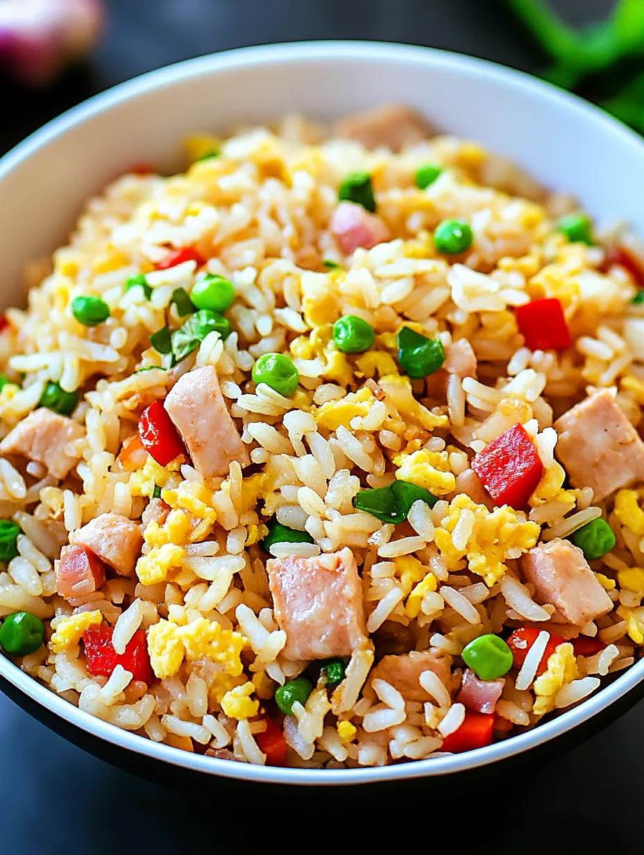 Un bol de riz avec petits pois et jambon.
