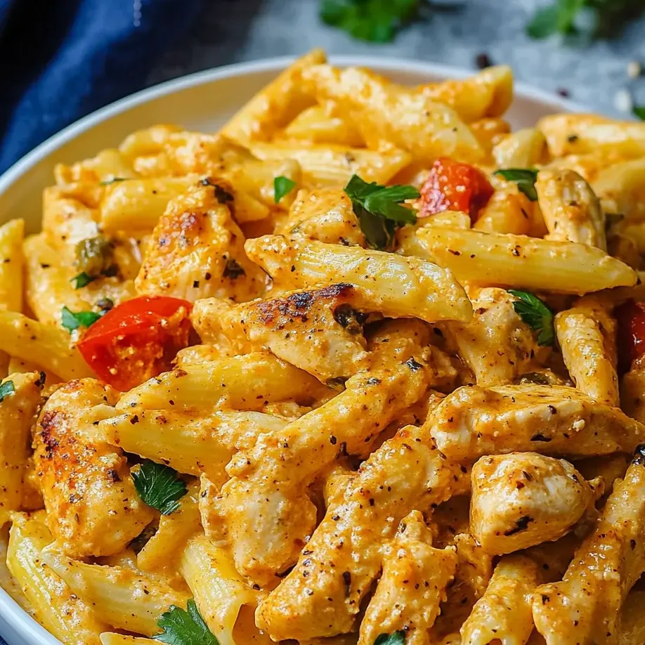 Un bol de pâtes avec morceaux de poulet et tomates.