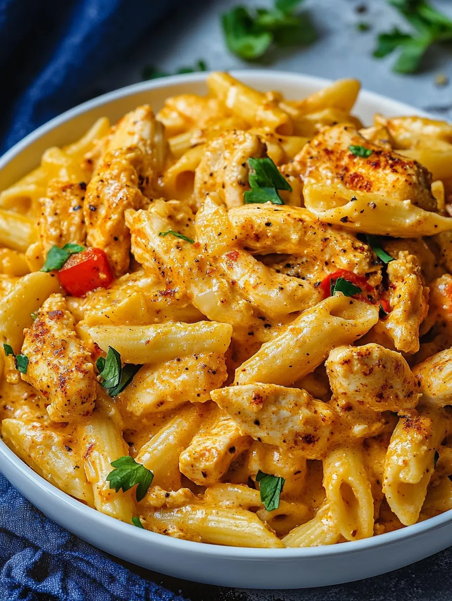 Un bol de pâtes avec du poulet et des légumes.