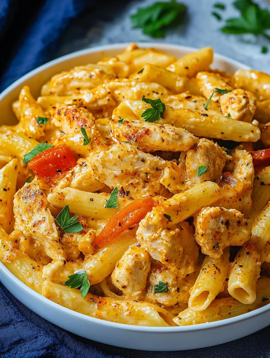 Un bol de pâtes avec du poulet et des tomates.