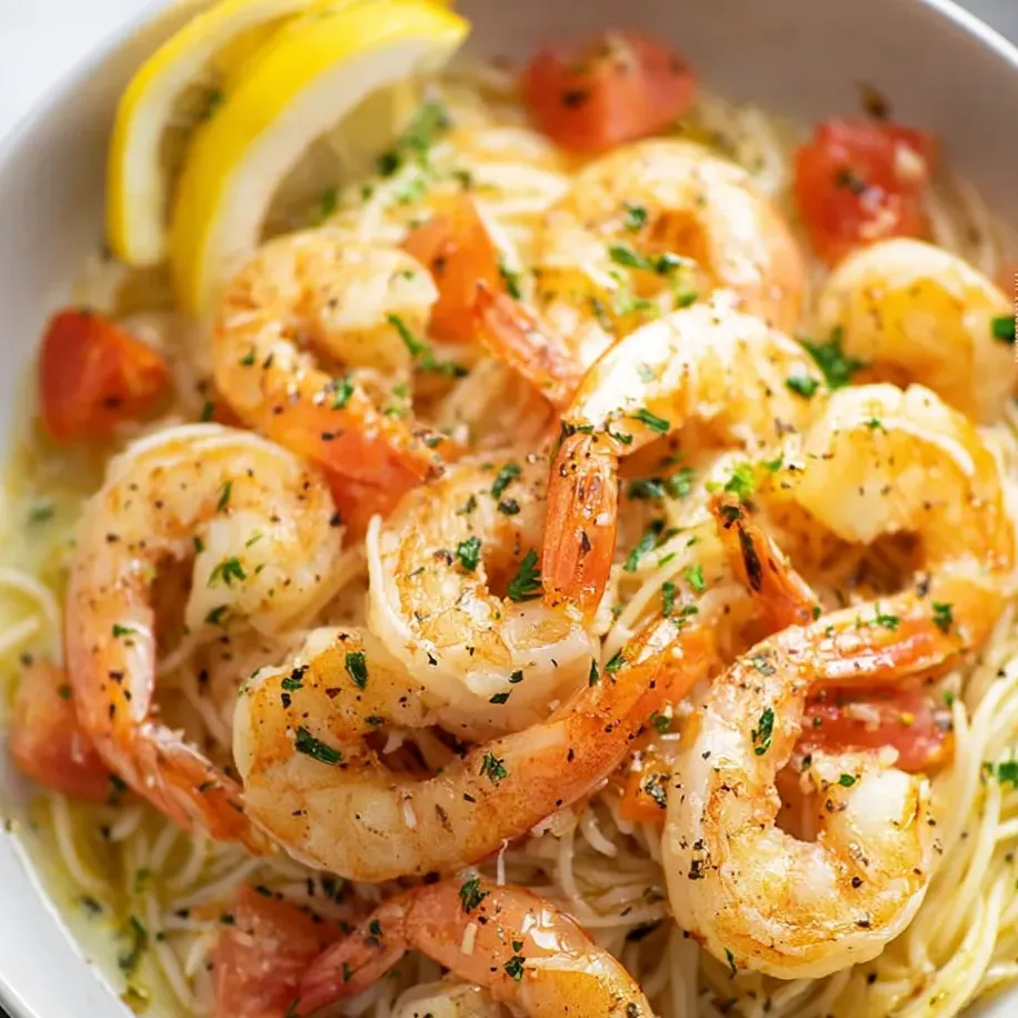Un bol plein de crevettes et de pâtes.