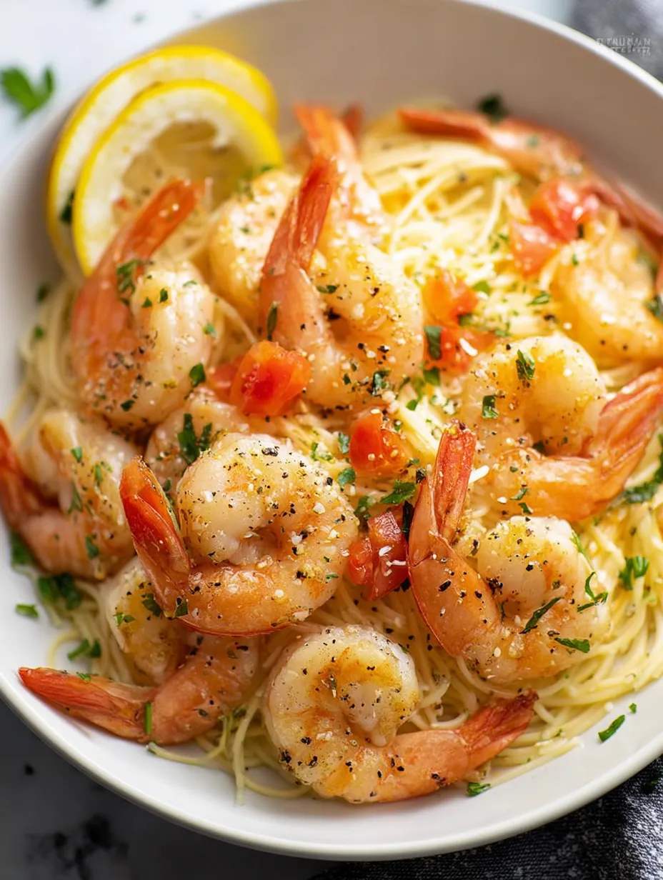 Un bol de pâtes aux crevettes.
