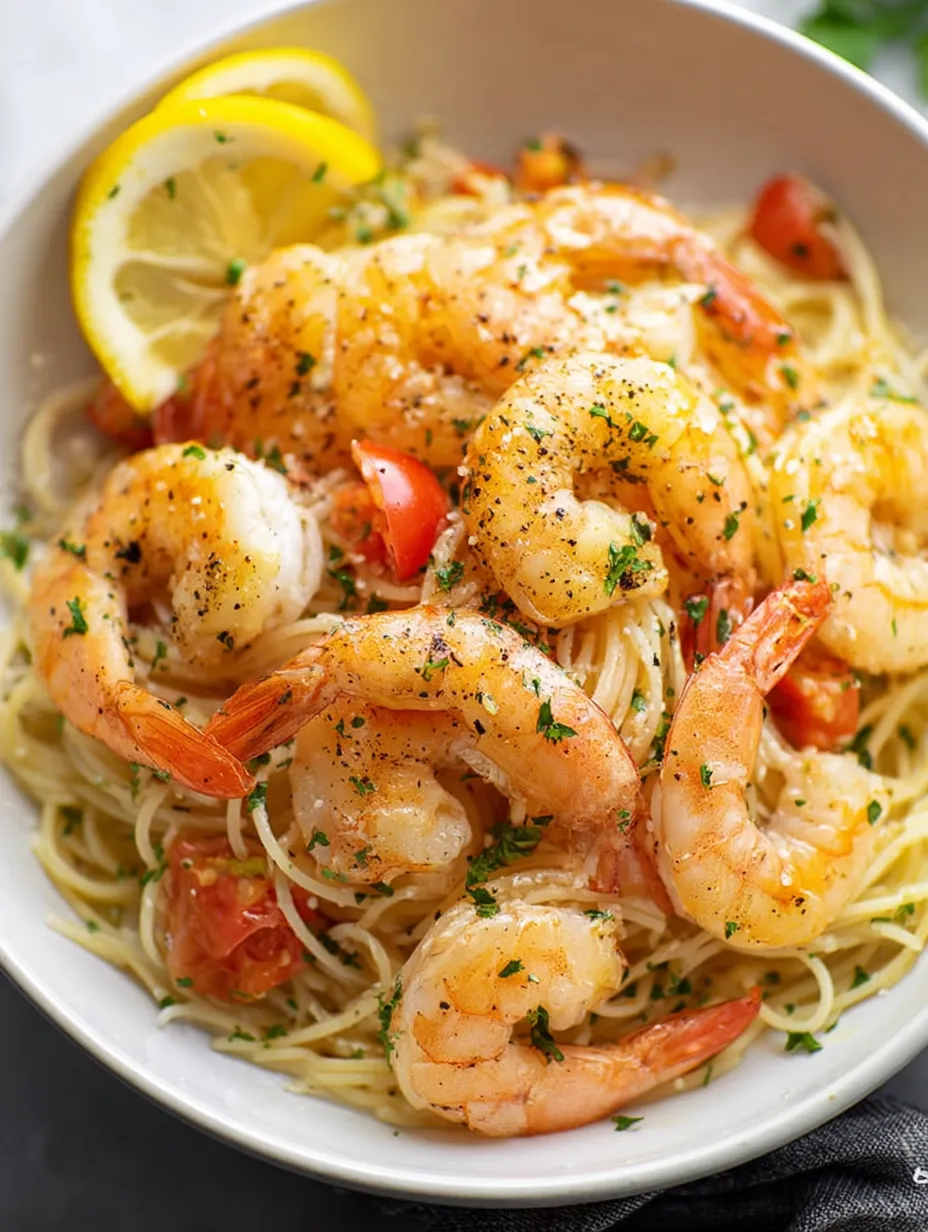 Un bol de pâtes aux crevettes.