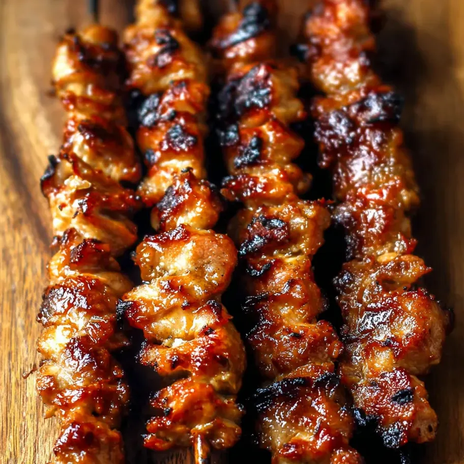 Planche en bois garnie de brochettes de viande grillées.