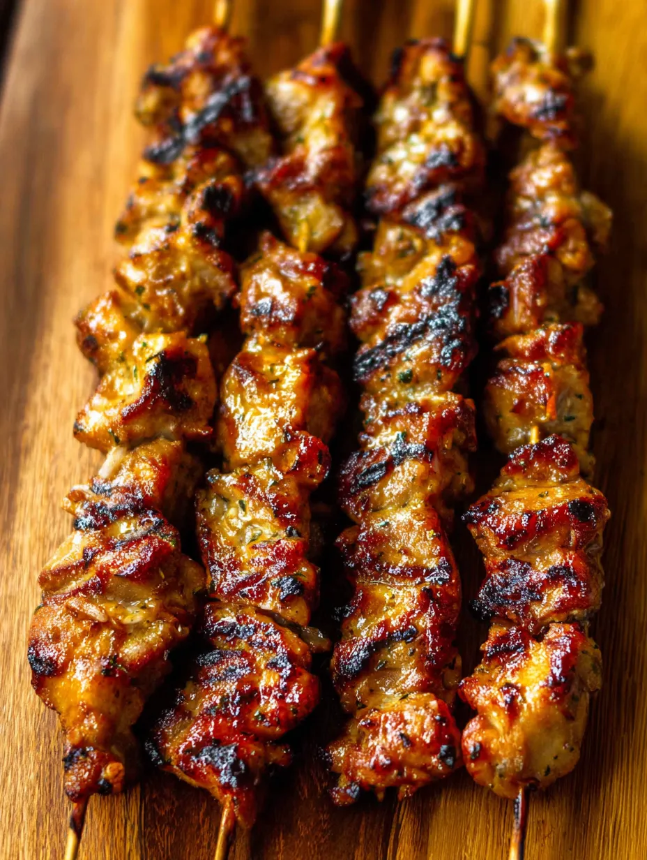 Une planche à découper en bois avec des brochettes de viande grillée alignées.