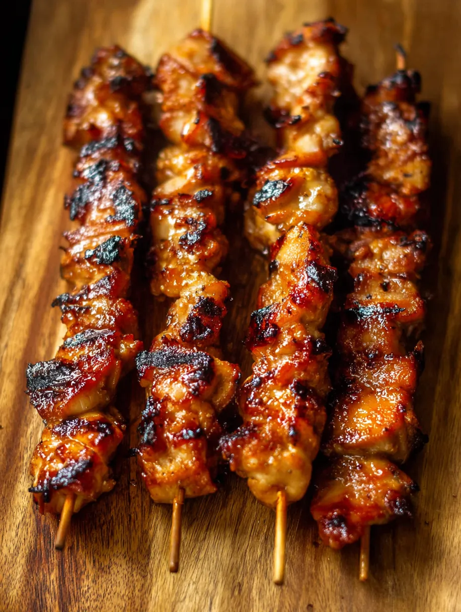 Un grand plat en bois sur lequel sont posées des brochettes de viande grillée.