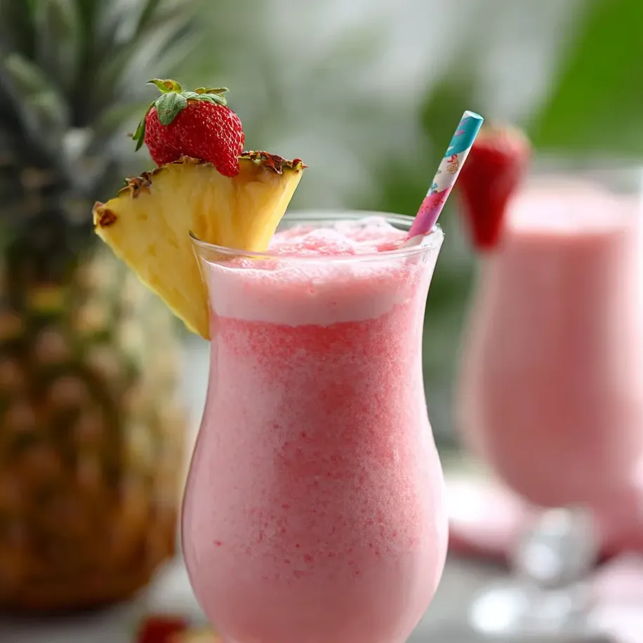 Un verre de boisson rose avec une tranche d’ananas sur le dessus.