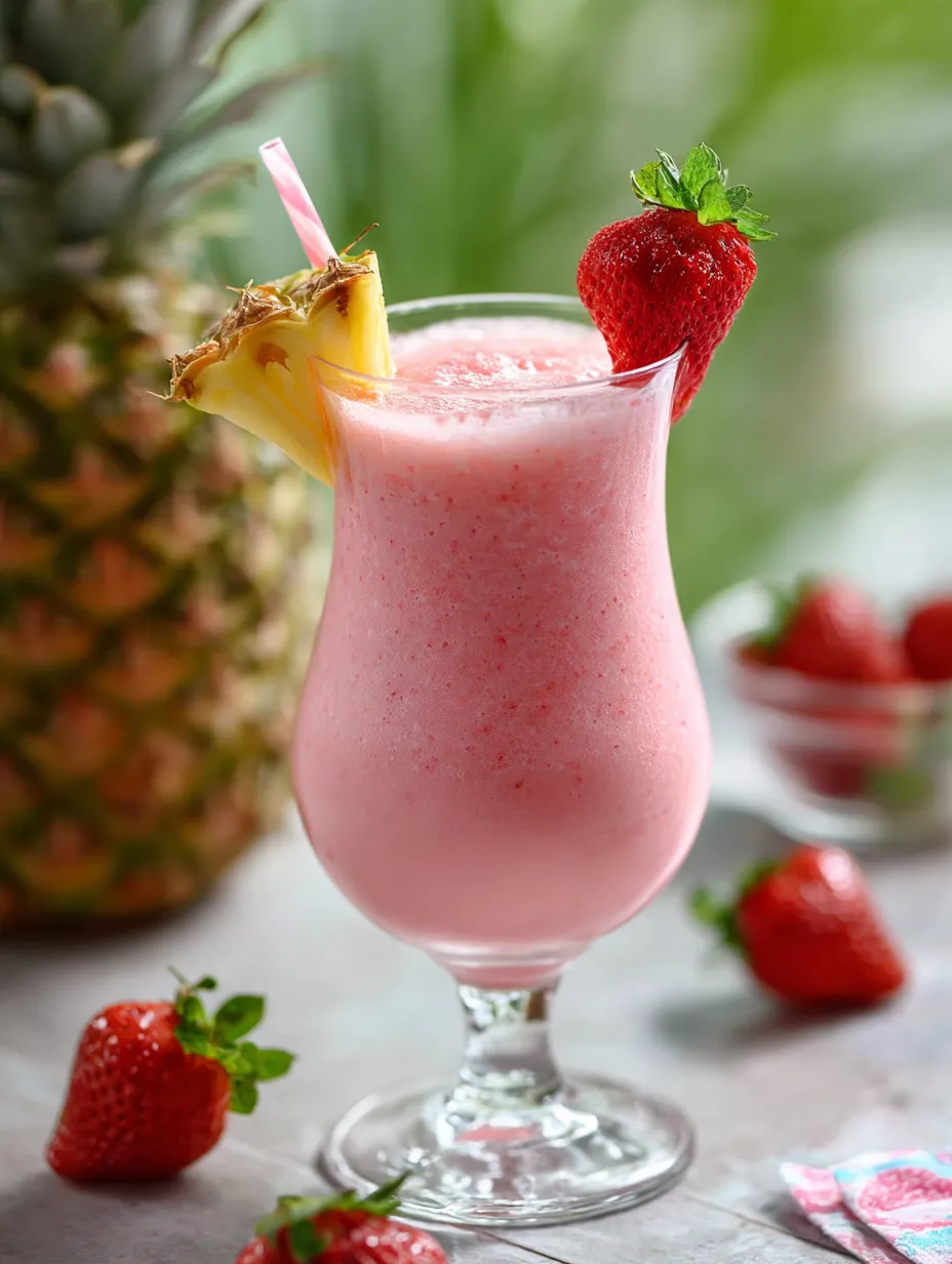 Un verre de boisson rose décoré avec une part d’ananas.