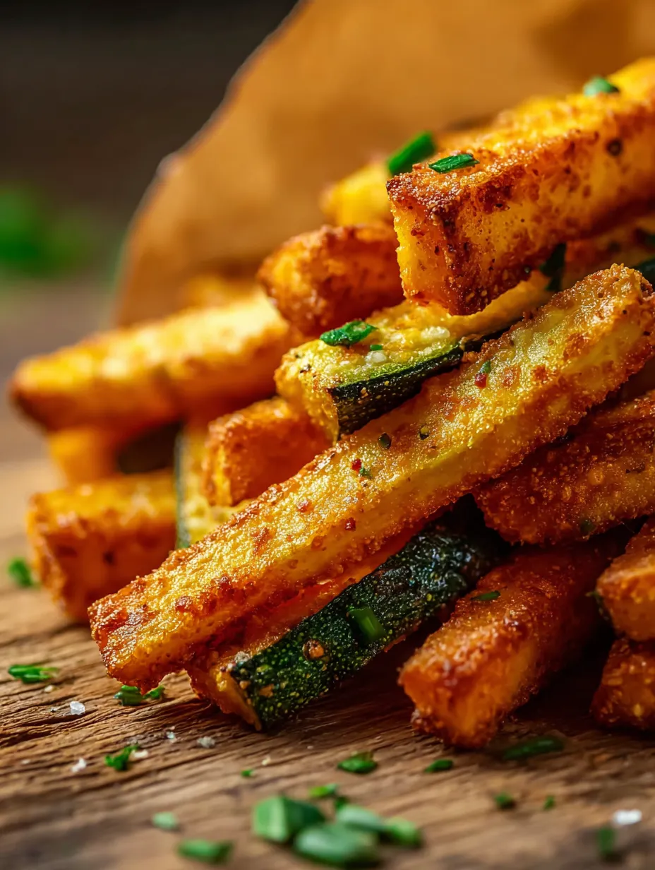 Tas de bâtonnets de courgette frits sur une table.