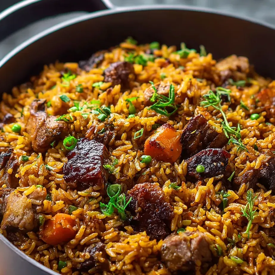 Un bol de riz chaud garni de viande, légumes et herbes.