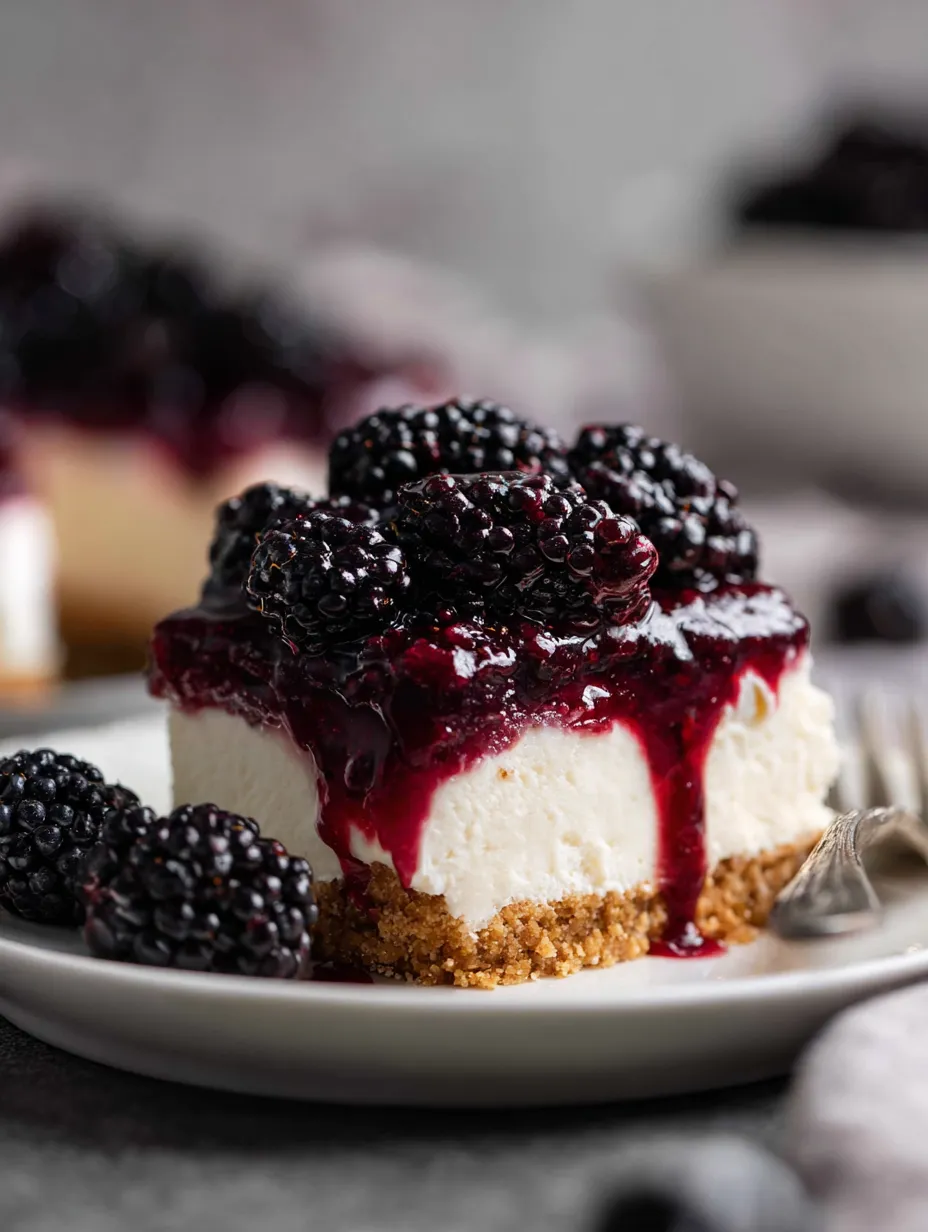 Une part de cheesecake avec des mûres dessus.