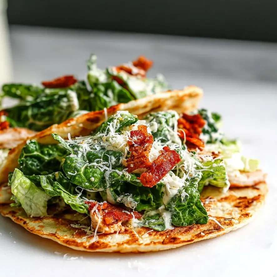 Une tortilla garnie de salade, bacon et fromage.