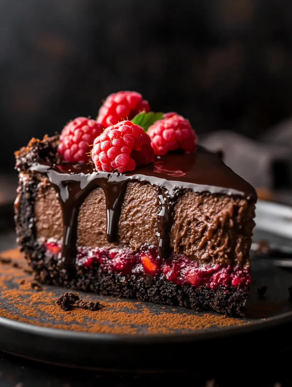 Une part de gâteau au chocolat surmontée de framboises.
