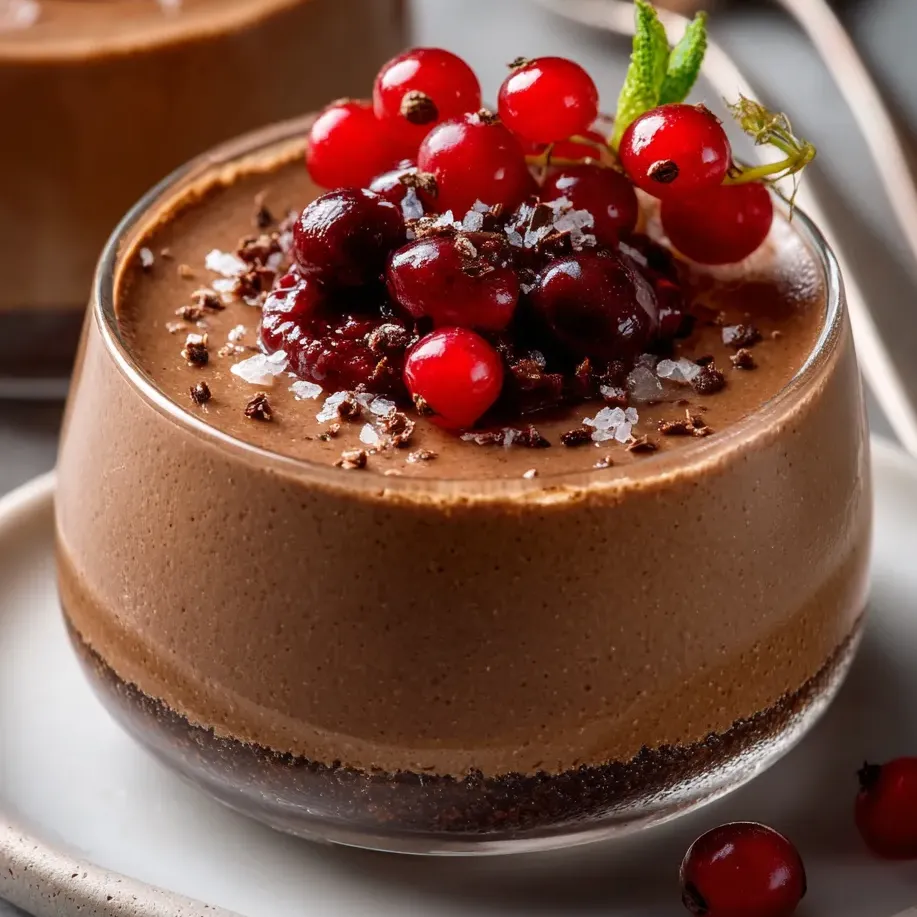 Un dessert chocolat fondant avec des fruits rouges sur le dessus.