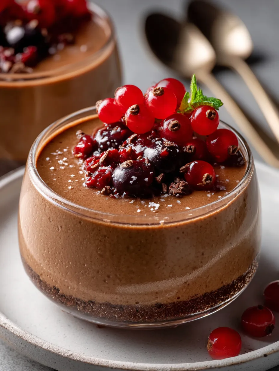 Un dessert au chocolat garni de fruits rouges.