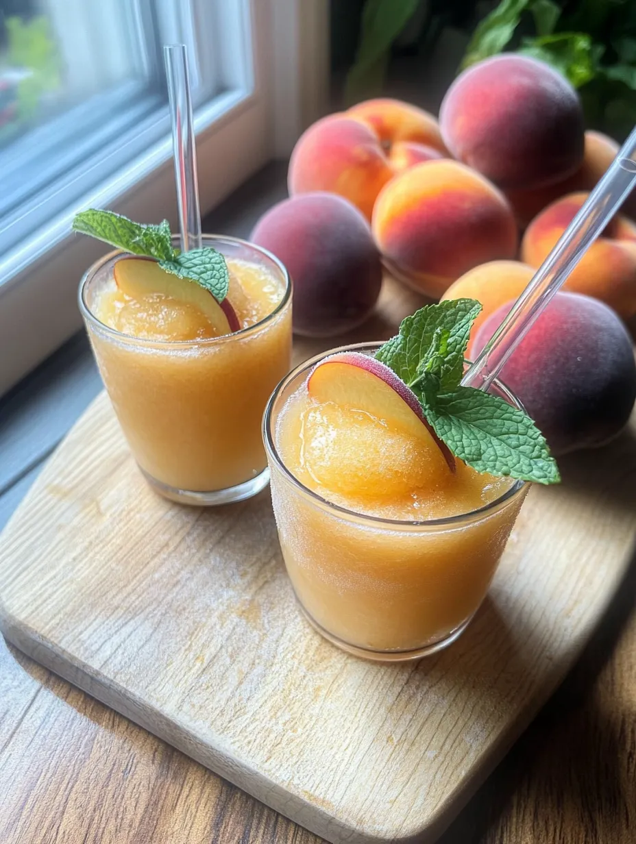 Deux verres de jus de pêche glacé avec menthe en déco.