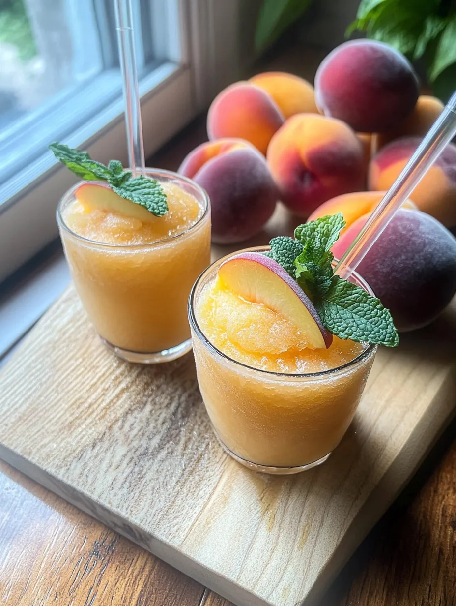 Deux verres de jus de pêche glacé avec un brin de menthe.