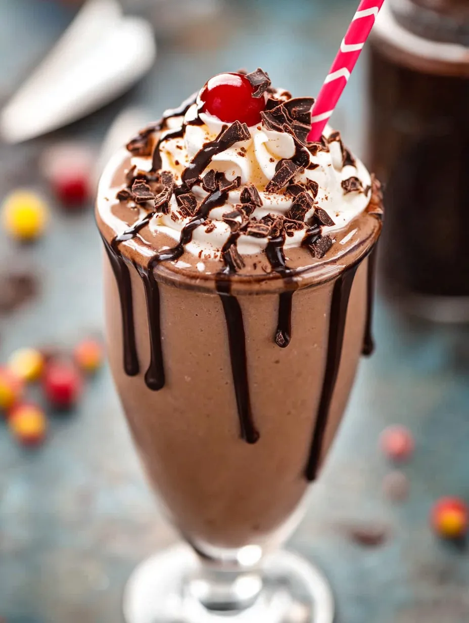 Un milkshake au chocolat avec une cerise sur le dessus.