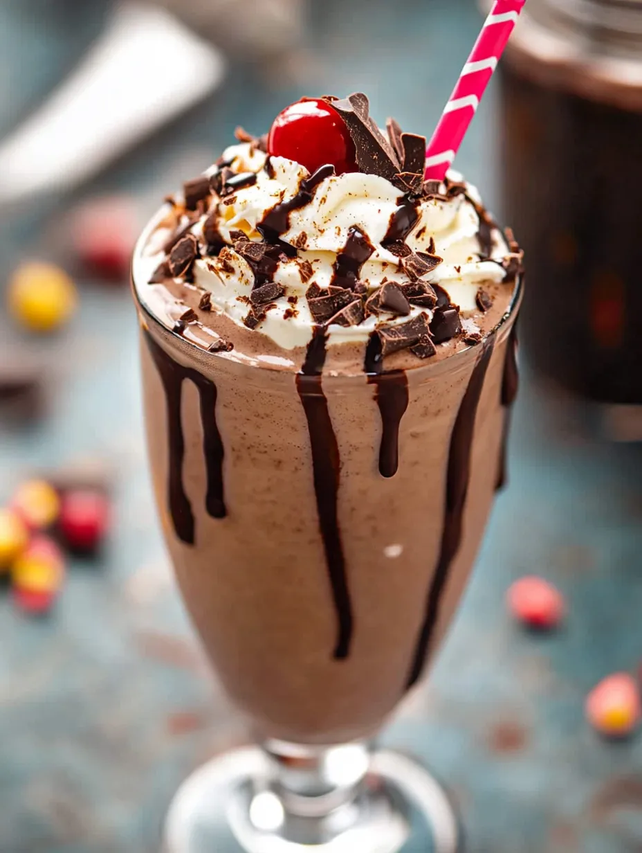 Un milkshake au chocolat avec une cerise sur le dessus.