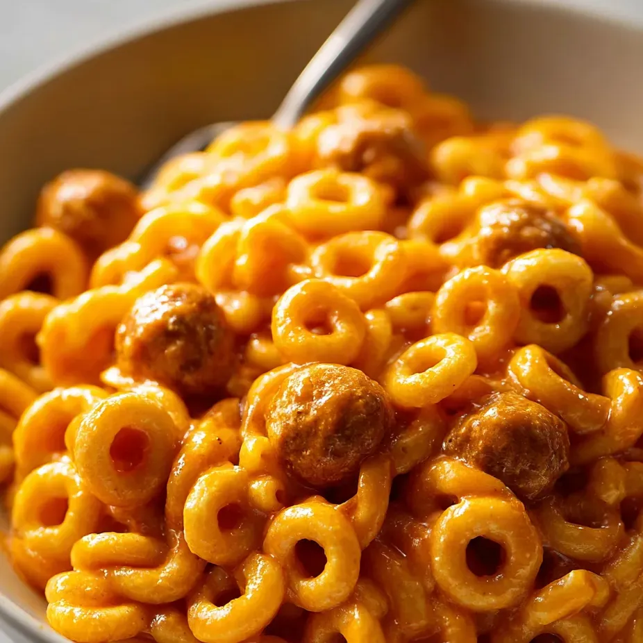 Un bol de mac & cheese avec une cuillère dedans.
