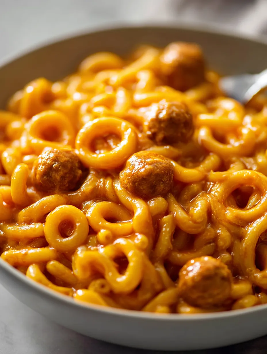 Un bol de pâtes et boulettes.