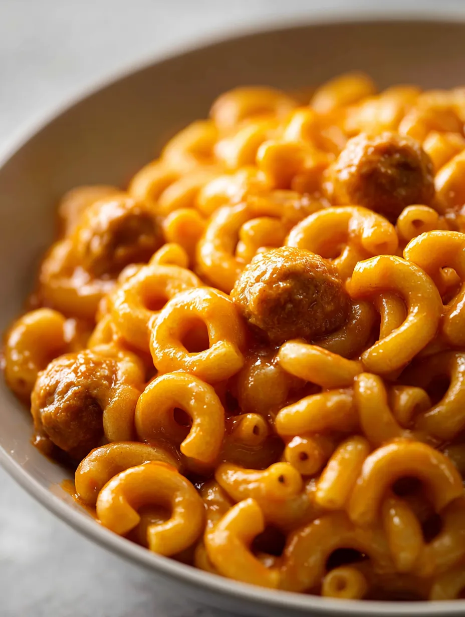 Un bol de macaroni et boulettes.