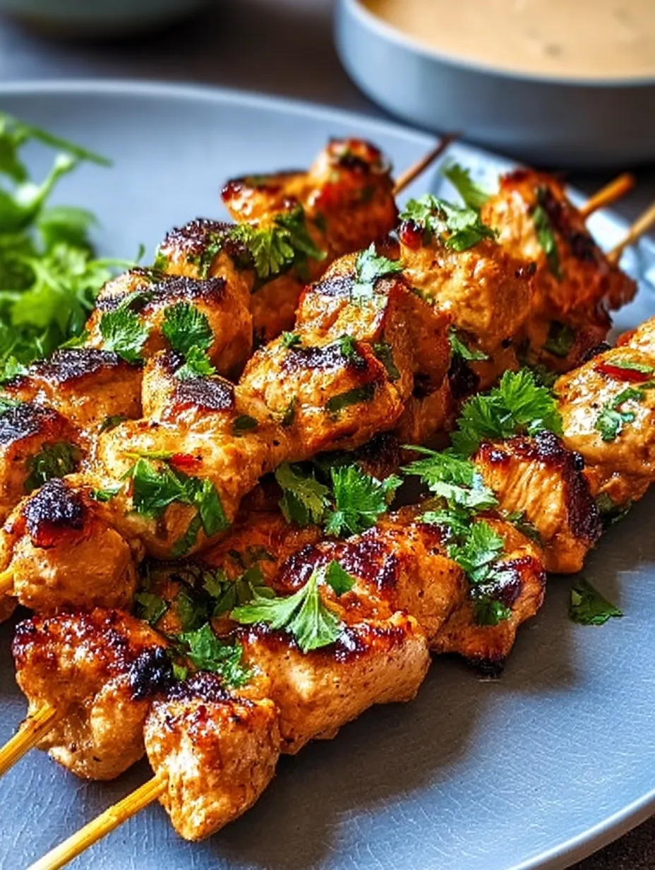 Une assiette de brochettes de viande recouvertes d’herbes et de morceaux rouges.