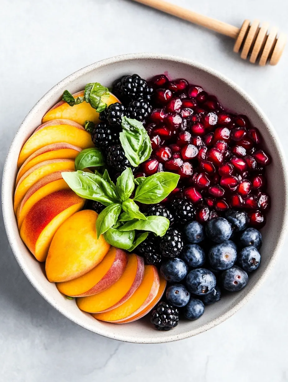 Un bol de fruits avec myrtilles, pêches et mûres.