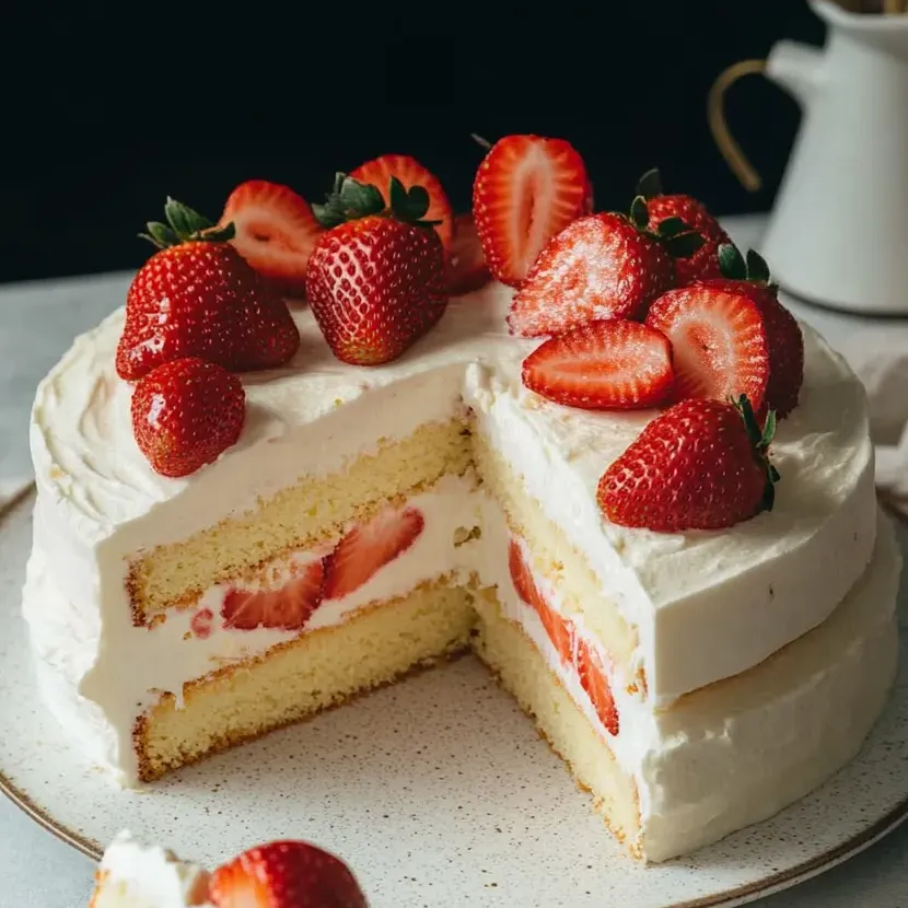 Une part généreuse de gâteau aux fraises posé dessus.
