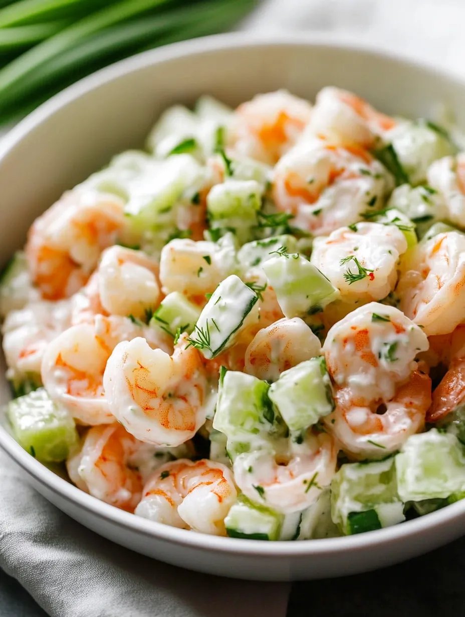 Un plat de salade de crevettes avec concombre et sauce blanche.