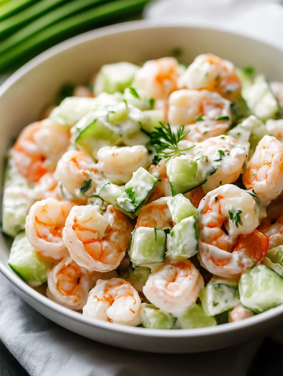 Un bol de salade de crevettes avec concombre et herbes.