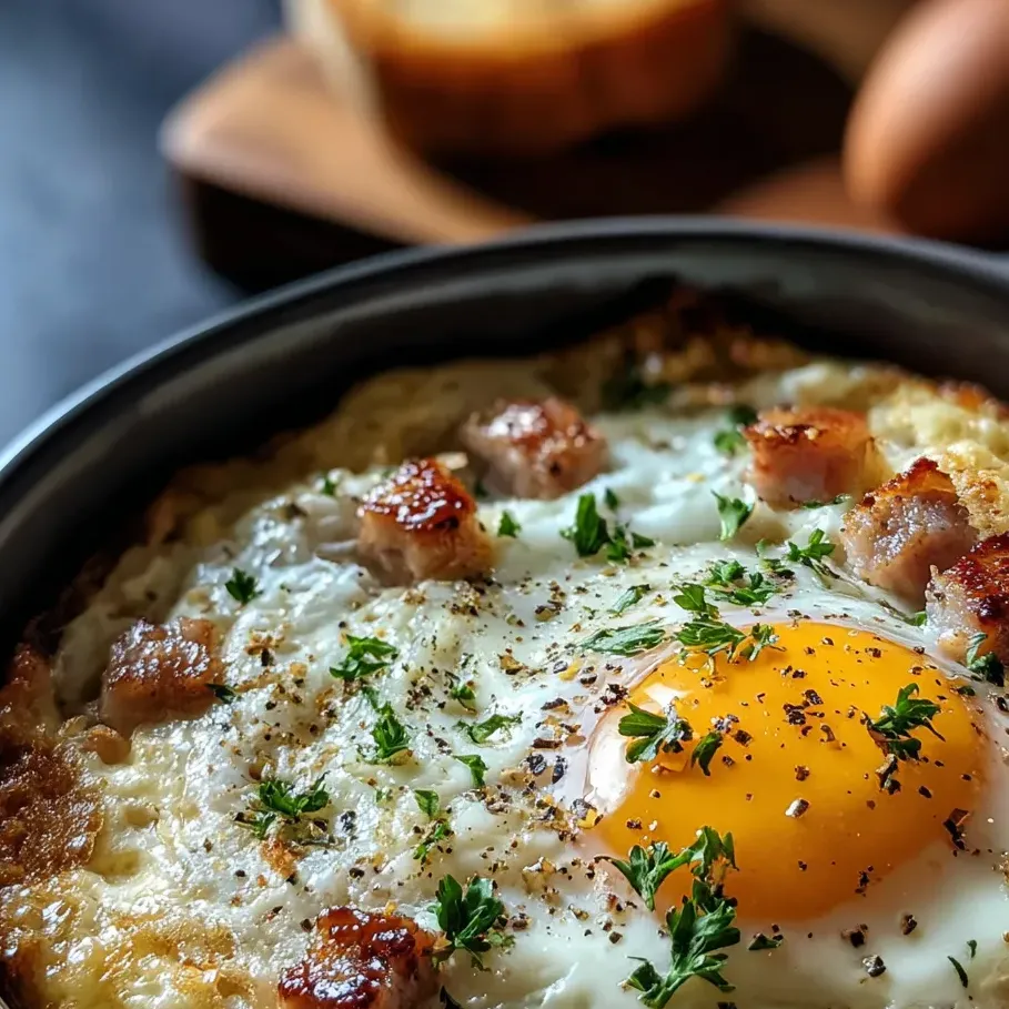 Œuf poêlé avec bacon et herbes.