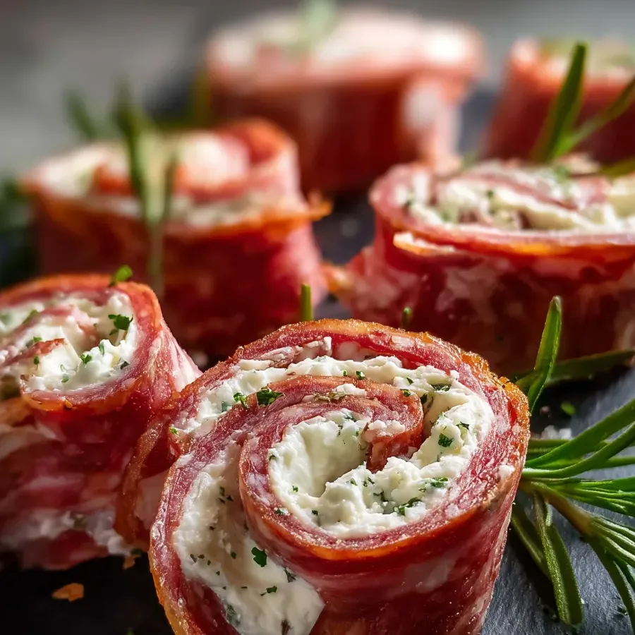 Un plateau de roulés apéritif au fromage et à la charcuterie.