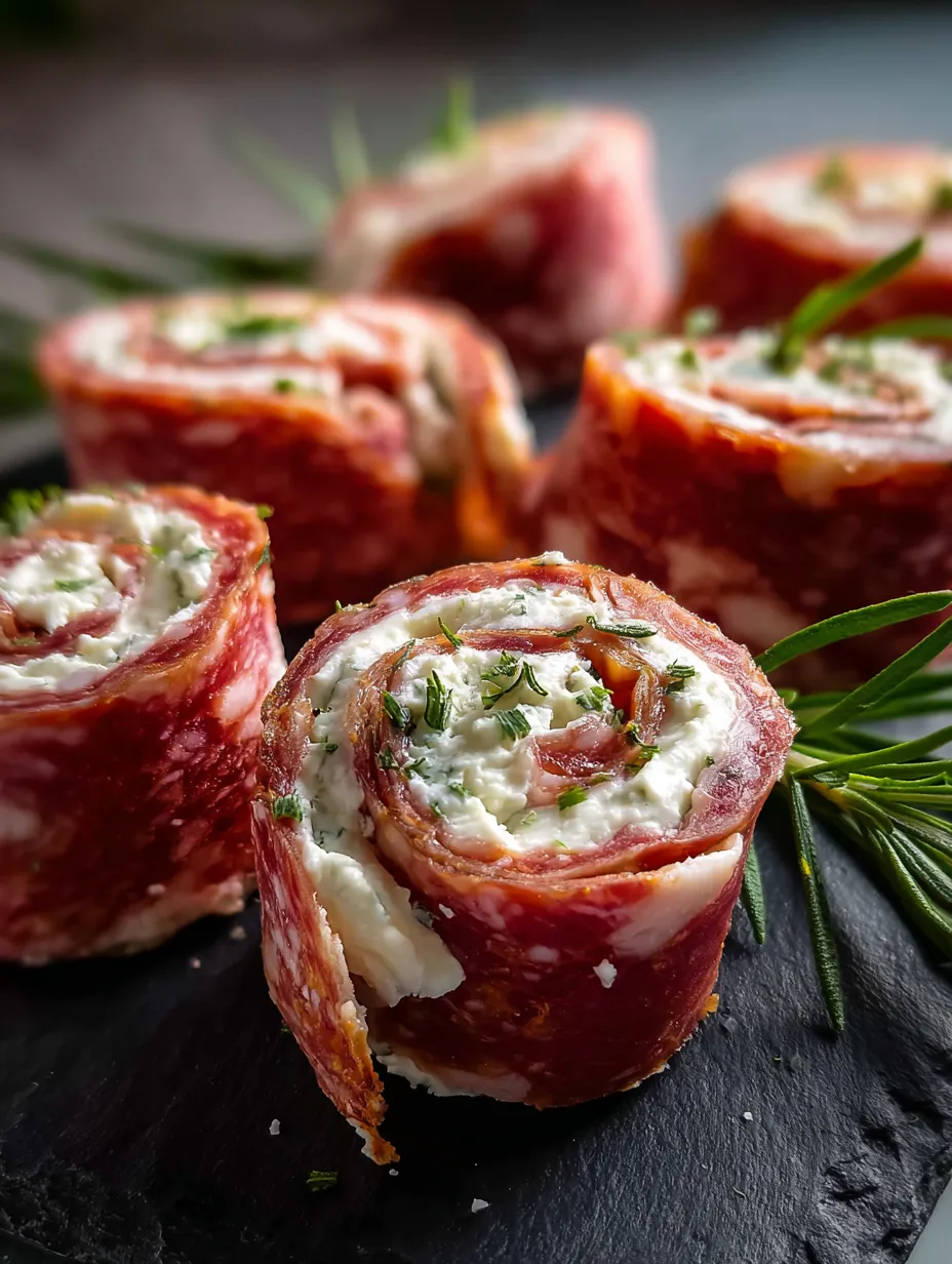 Des tranches de charcuterie roulées avec du fromage et des herbes.
