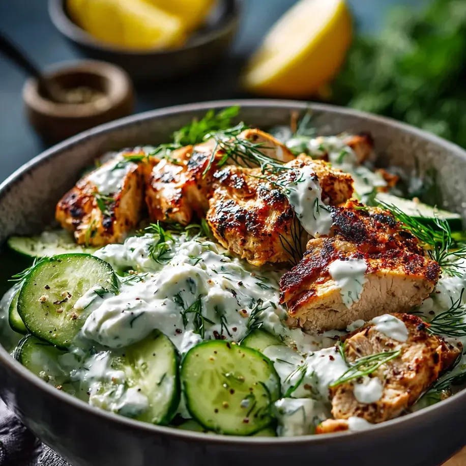 Un bol coloré garni de poulet, de concombres et d'une sauce blanche.
