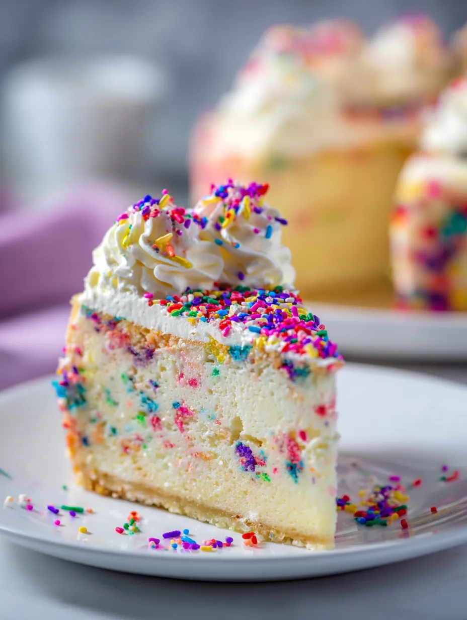 Part de gâteau parsemée de vermicelles colorés dans une assiette.
