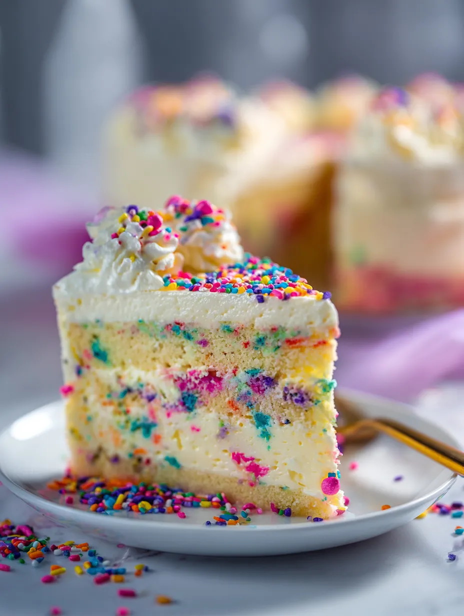 Part de gâteau parsemée de vermicelles colorés dans une assiette.