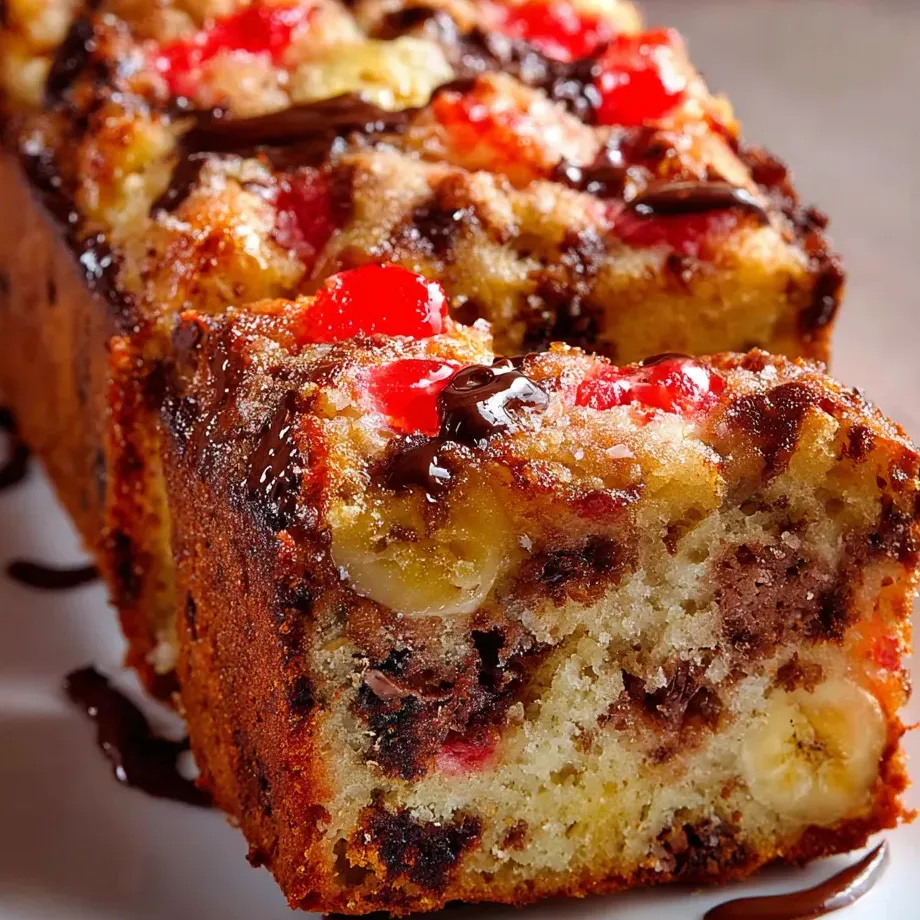 Part de gâteau avec banane et chocolat.