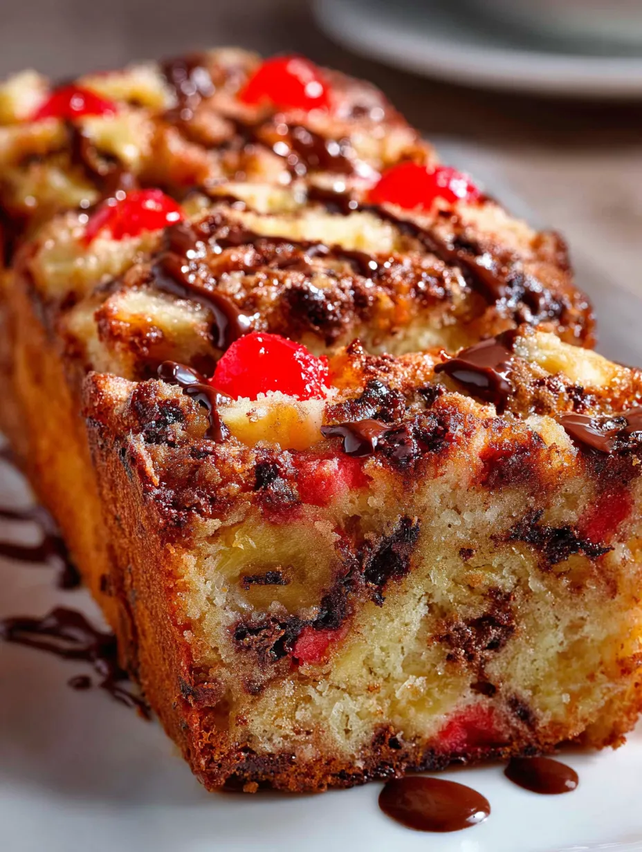 Une tranche de cake avec chocolat et cerises.