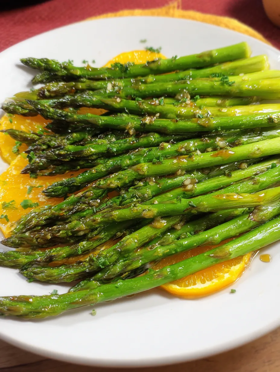 Une assiette d’asperges et de tranches d’orange.