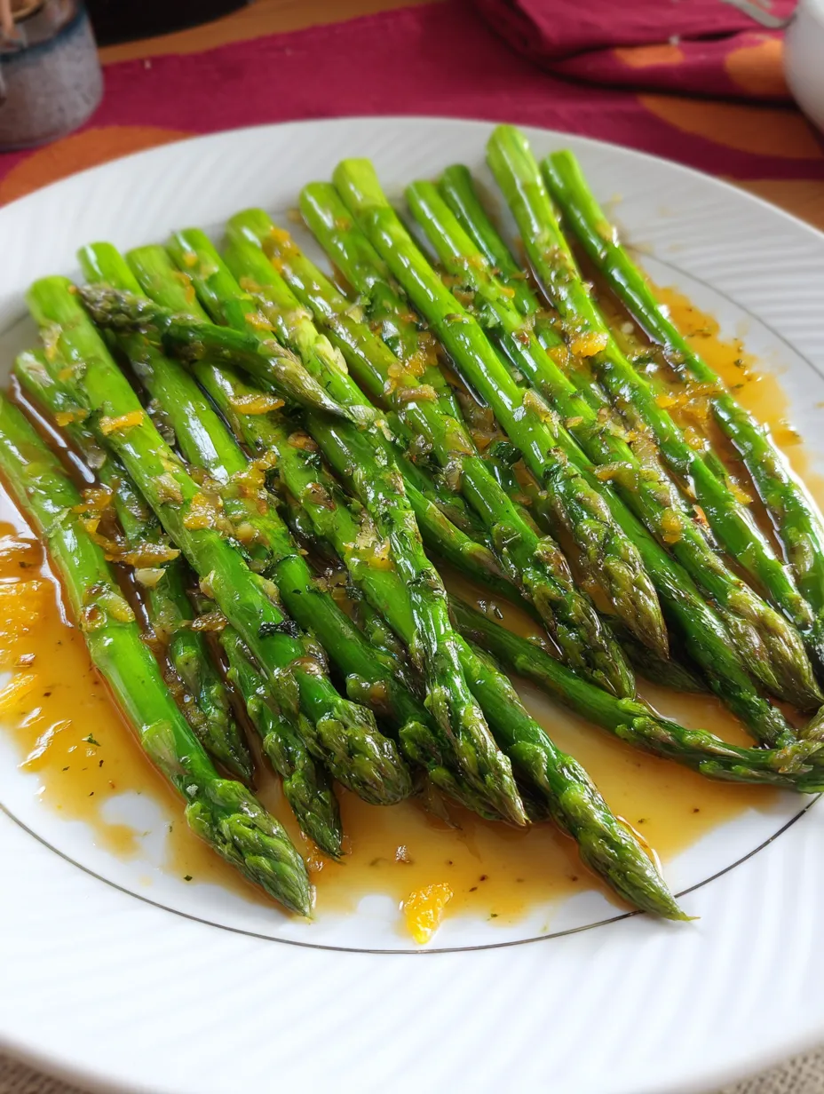 Une assiette d’asperges rôties avec une sauce à l’orange.