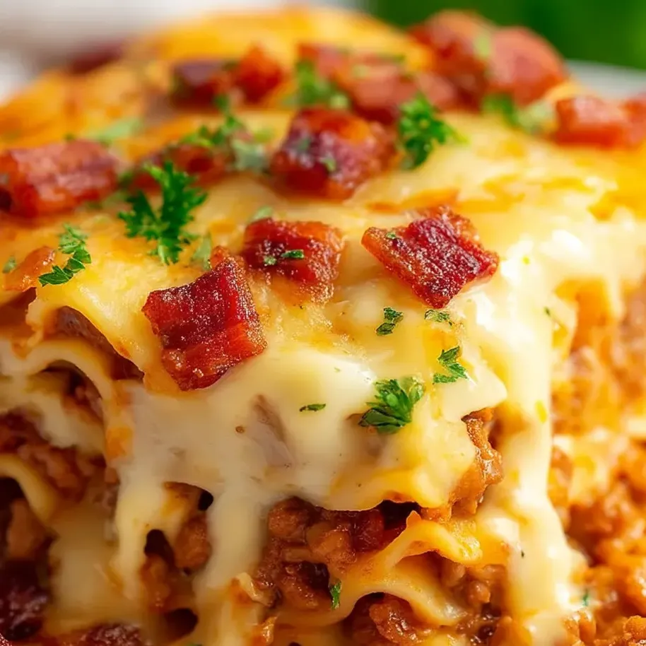 Zoom sur une lasagne fondante au bacon et fromage.