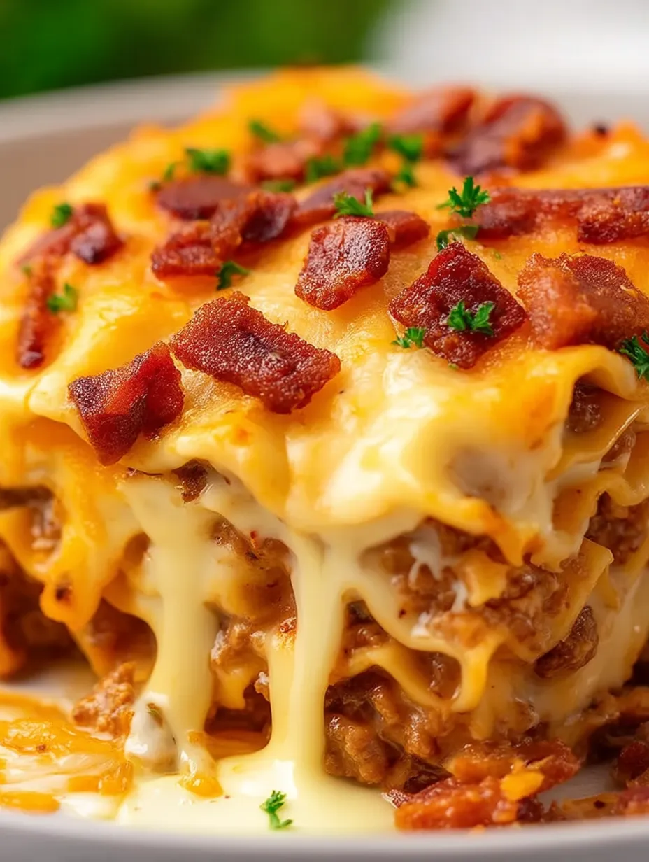 Gros plan sur un gratin bacon-fromage bien doré.