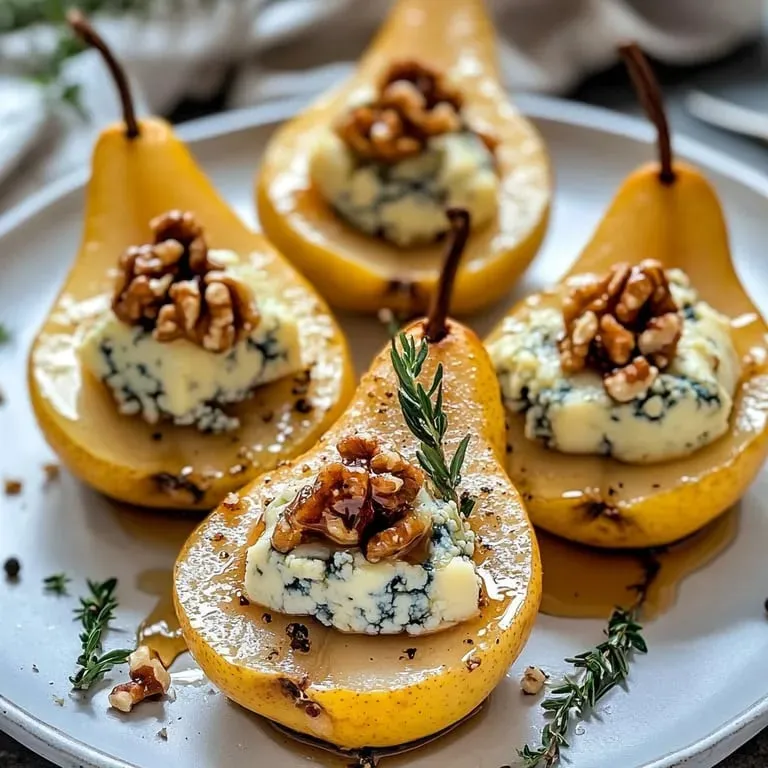 Une assiette de poires garnies de noix et fromage.
