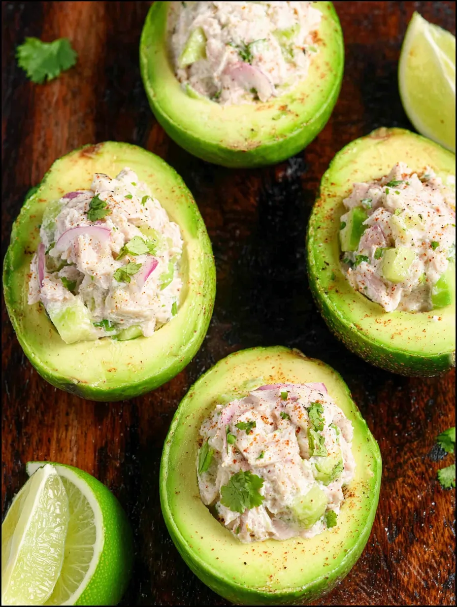 Une assiette avec 6 demi-avocats garnis.
