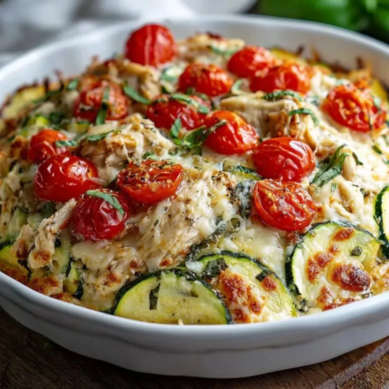Un plat avec tomates, courgettes et poulet.