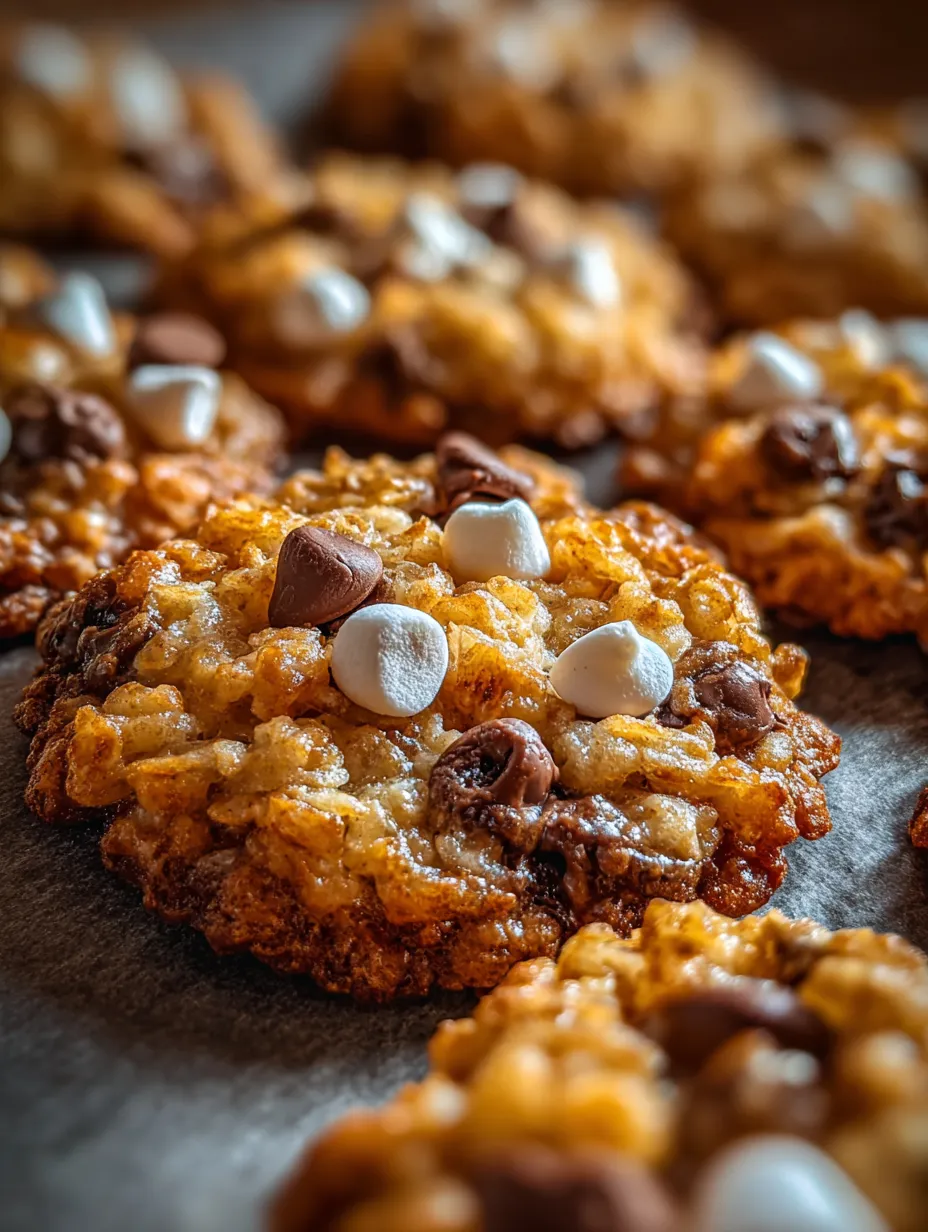 Gros plan sur un cookie avec guimauves et pépites de chocolat.
