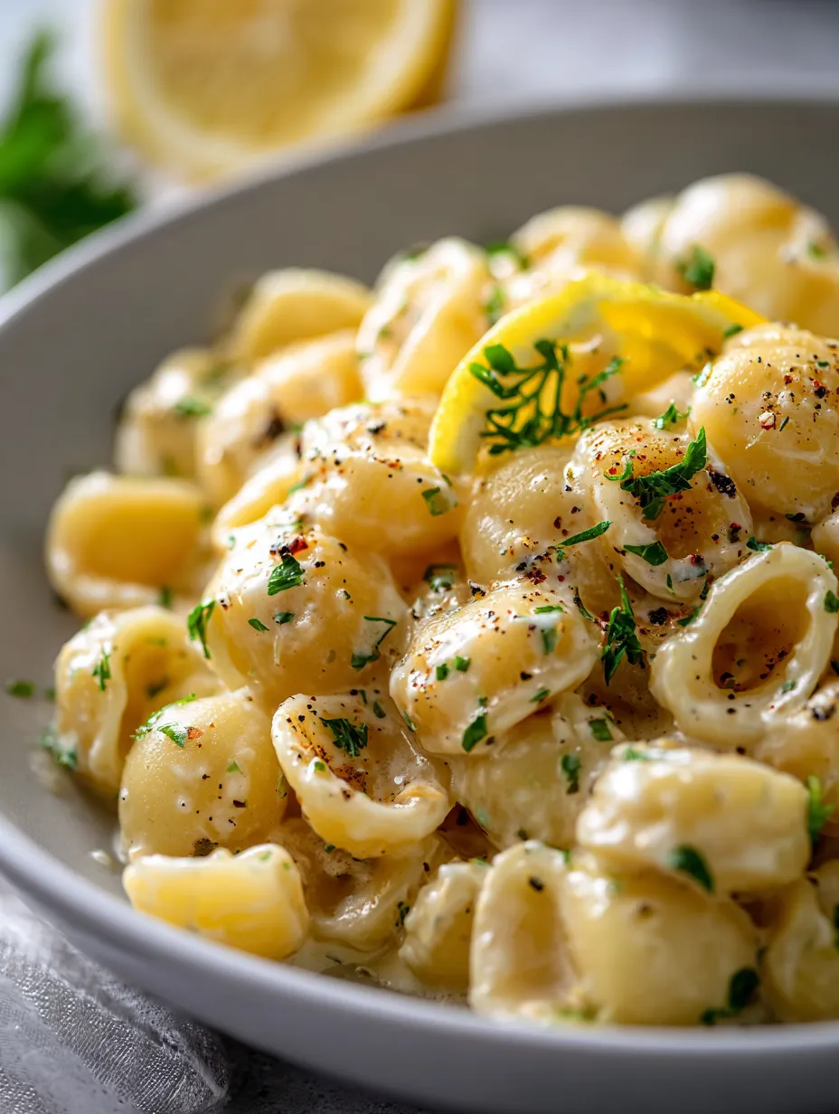 Un bol de pâtes avec du citron et des herbes fraîches.