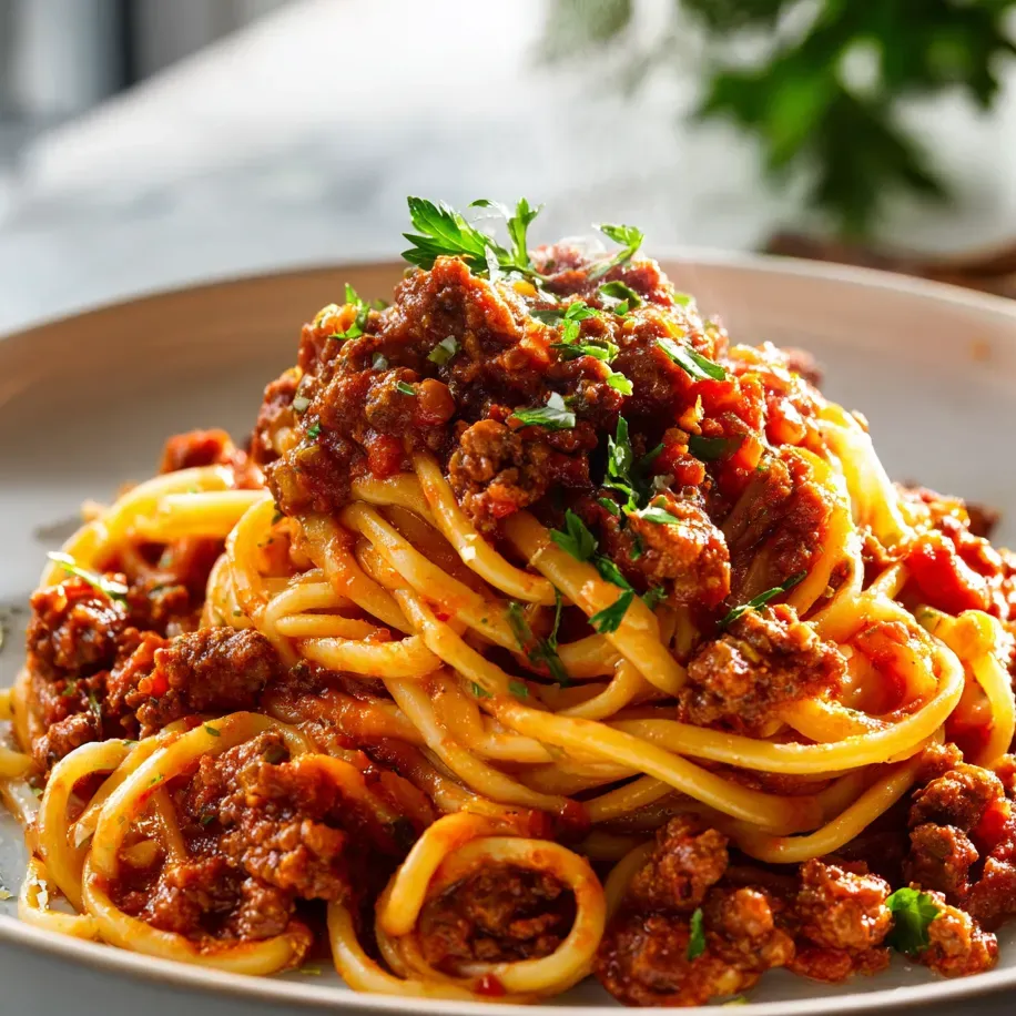 Une assiette de spaghetti couverts de sauce à la viande.